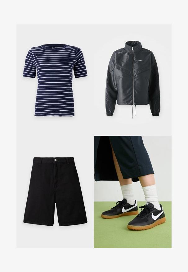 Sort cropped jakke med høj krave, lynlås lukning, elastiske manchetter og et hvidt Nike-logo. Glat, blankt stof med en let struktureret overflade.; Marineblå T-shirt med horisontale hvide striber, korte ærmer og rund halsudskæring. Fremstillet af et blødt, strækbart stof.; Sorte shorts lavet af slidstærkt stof, med et lige snit, forlommer, lynlås og metalknap-lukning.; Sorte læder- og syntetiske sneakers med hvid Nike swoosh, gummisål, rund tå og sorte snørebånd. Ribbede hvide sokker synlige.