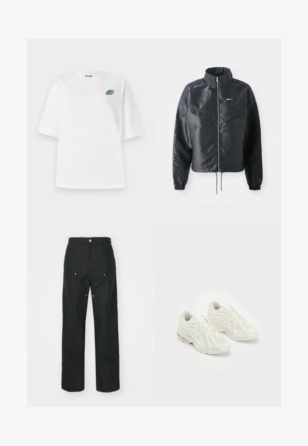 Black cropped jacket with high collar, zip closure, elastane cuffs, and a white Nike logo. Smooth, shiny fabric with a slightly textured surface.; White cotton T-shirt with short sleeves, oversized fit, featuring a small multicolored logo on the left chest area. Smooth texture.; Black trousers with a straight-leg design, made of a textured fabric. Features decorative silver hardware and unique seam detailing.; White athletic shoes with mesh and synthetic materials, lace-up design, padded collar, and textured sole for grip. Lightweight construction.