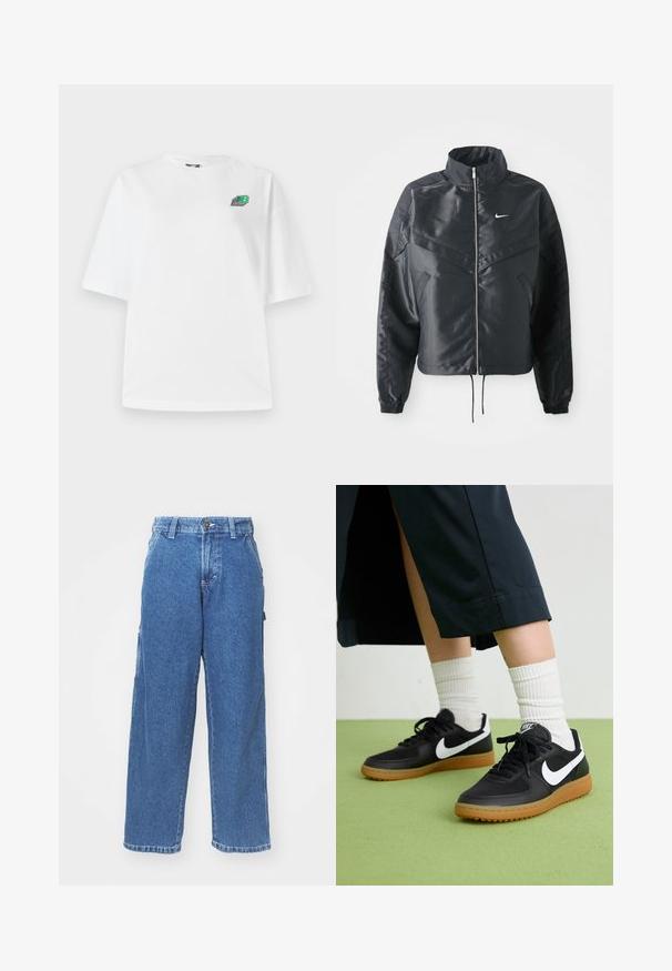 Chaqueta negra corta con cuello alto, cierre de cremallera, puños de elastano y un logo de Nike en blanco. Tejido suave y brillante con una superficie ligeramente texturizada.; Camiseta blanca de algodón con mangas cortas, corte holgado, que presenta un pequeño logo multicolor en el área del pecho izquierdo. Textura suave.; Pantalones de mezclilla anchos de tiro alto en color azul, con cierre de botón y bolsillos laterales. Lavado desgastado con una textura suave y corte recto.; Zapatillas de cuero negro y sintético con el swoosh blanco de Nike, suela de goma, punta redonda y cordones negros. Calcetines blancos acanalados visibles.