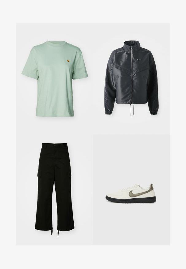Mustat lyhyet takit, joissa on korkea kaulus, vetoketjukiinnitys, elastaanista valmistetut hihan suut ja valkoinen Nike-logo. Sileä, kiiltävä kangas, jossa on hieman tekstuuria.; Mintunvihreä puuvillapaita, jossa on pyöreä kaulus, lyhyet hihat ja pieni brodeerattu logo rinnassa. Pehmeä rakenne ja rento istuvuus.; Mustat cargo-housut, jotka on valmistettu puuvillasta. Niissä on leveät lahkeet, sivutaskut ja nyörikujat lahkeissa. Mallissa on nappikiinnitys vyötäröllä.; Nike Sportswear FIELD GENERAL - Matalavartiset tennarit - off-white/black