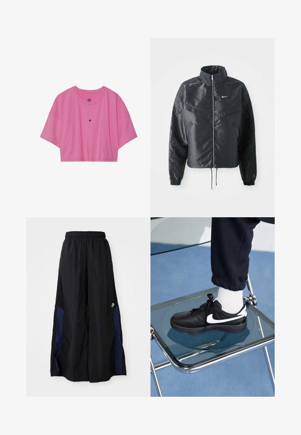 Chaqueta negra corta con cuello alto, cierre de cremallera, puños de elastano y un logo de Nike en blanco. Tejido suave y brillante con una superficie ligeramente texturizada.; Camiseta deportiva corta de color rosa, hecha de tela suave, con mangas cortas y cuello redondo. Pequeño logotipo centrado en el pecho.; Pantalones de pierna ancha negros, confeccionados en una tela ligera, con un panel lateral azul marino y una cinturilla elástica. Logotipo blanco pequeño en la parte inferior.; Zapatillas Nike negras con acentos blancos, con una textura de cuero suave, diseño de cordones y punta redondeada, colocadas sobre una silla de cristal.