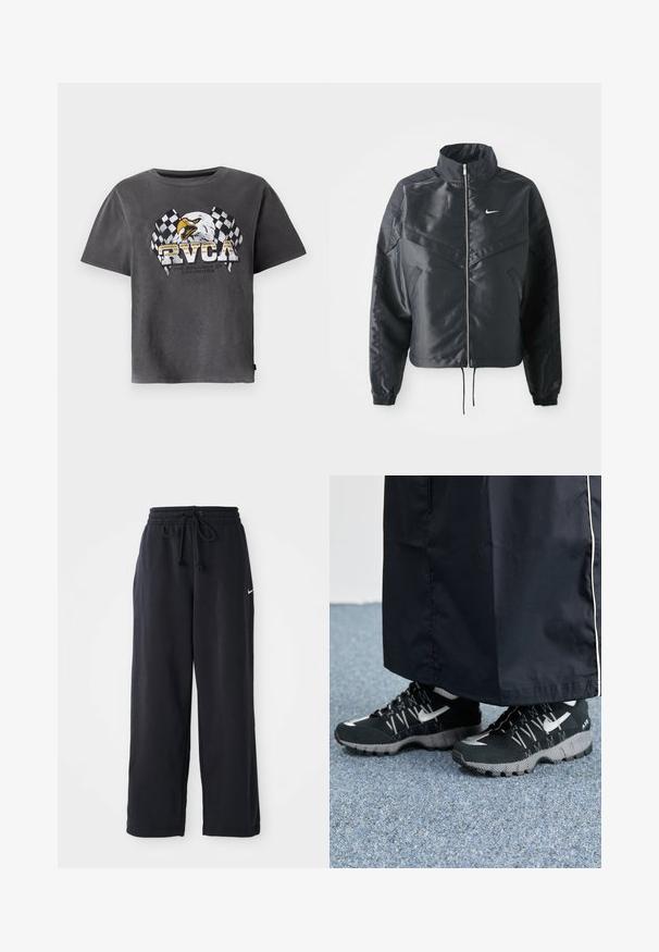 Mustat lyhyet takit, joissa on korkea kaulus, vetoketjukiinnitys, elastaanista valmistetut hihan suut ja valkoinen Nike-logo. Sileä, kiiltävä kangas, jossa on hieman tekstuuria.; Harmaa puuvillainen t-paita lyhyillä hihoilla, jossa on haihtuvaa grafiikkaa ja ruutulippuja. Suunnittelussa on teksti "RVCA" ja sen alla slogan.; Mustat collegehousut, joissa on elastinen vyötärö ja nauha, vasemmalla puolella pieni valkoinen Nike-logo.; Mustat urheilukengät, joissa on teksturoitu päällinen, hopeiset yksityiskohdat ja kuvioitu ulkopohja, yhdistettynä mustaan pitkään vaatteeseen. Taustalla sininen matto.