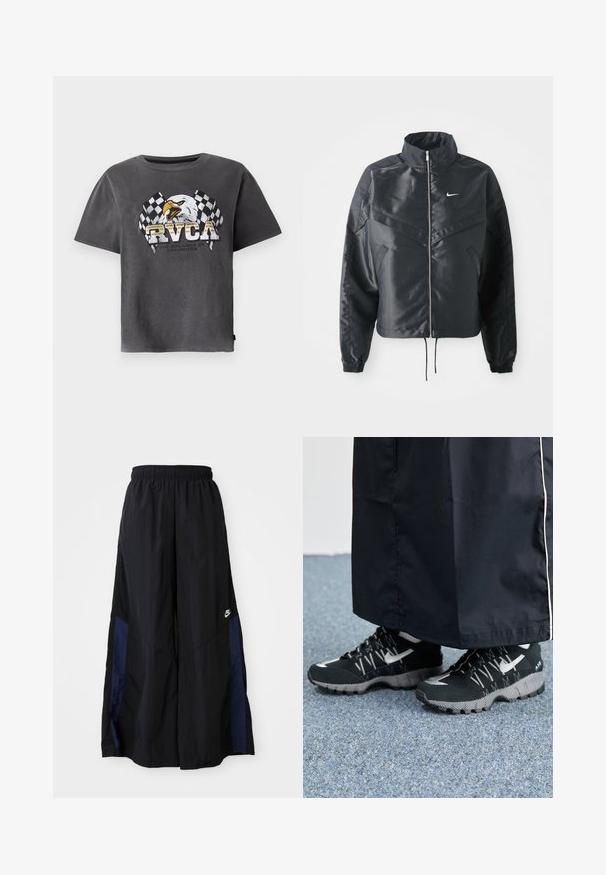 Must kolledžiga must lühike jope, millel on lukuga sulgus, elastne mansett ja valge Nike logo. Sile, läikiv kangas, millel on veidi tekstureeritud pind.; Hallide hallastee t-särk, millel on kullipilt ja ruudulised lipud. Kujundusel on tekst "RVCA" ja allolev loosung.; Mustad laiad mustad püksid kergest kangast, millel on tumesinine külgpaneel ja elastne vöökoht. Väike valge logo allservas.; Mustad mustrehilised mustad spordijalatsid, millel on tekstuurne pealmine osa, hõbedased aktsendid ja mustriga tallaosad, koos musta pika riietusega. Seatud sinise vaiba taustale.