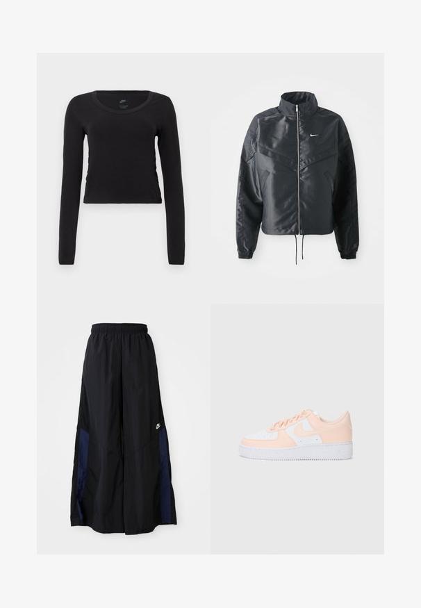 Fekete, rövidített dzseki magas gallérral, cipzáras záródással, elasztikus mandzsettákkal, és fehér Nike logóval. Simább, fényes anyag, enyhén textúrázott felülettel.; Hosszú ujjú, rövid fazonú póló tiszta fekete pamutból. Kerek nyakkivágással és enyhe oldalsó ráncolási részlettel rendelkezik, amely szorosabb megjelenést kölcsönöz.; Fekete, bő szárú nadrág könnyű anyagból, tengerészkék oldalsó panellel és elasztikus derékkal. Kicsi fehér logó az alján.; A Nike Air Force 1 sportcipő fehér bőr felsőrésszel rendelkezik, melyet puha rózsaszín részletek díszítenek. A gumitalp bordázott a jó tapadás érdekében. Klasszikus dizájn és fűzős záródás jellemzi.