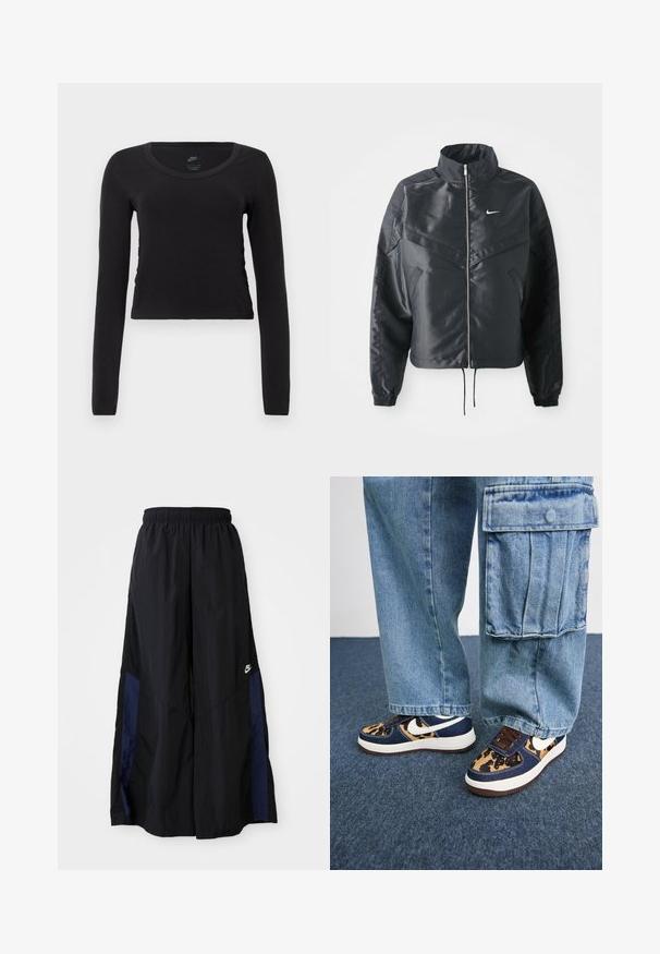 Casaco preto curto com colarinho alto, fecho de zip, punhos em elastano e um logótipo Nike branco. Tecido suave e brilhante com uma superfície ligeiramente texturizada.; T-shirt de manga longa e cropped em algodão preto sólido. Apresenta um decote redondo e um leve detalhe de franzido nas laterais para um ajuste ajustado.; Calças largas pretas feitas de tecido leve, com um painel lateral azul-marinho e cintura elástica. Pequeno logótipo branco na parte inferior.; Sapatilhas azul-marinho com detalhes em padrão de leopardo, swoosh branco da Nike, atacadores castanhos e sola intermédia branca. Combinadas com calças cargo de denim claro.