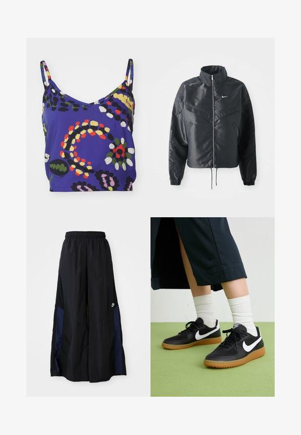 Jachetă croppată neagră cu guler înalt, închidere cu fermoar, manșete din elastan și un logo alb Nike. Material neted, lucios, cu o suprafață ușor texturată.; Top violet vibrant, fără mâneci, cu decolteu în V, având modele abstracte în verde, galben, roșu, negru și alb. Finisaj din țesătură netedă.; Pantaloni negri cu croi larg, confecționați dintr-un material ușor, având un panou lateral albastru marin și un brâu elastic. Logo mic alb în partea de jos.; Sneakers negre din piele și material sintetic cu logo-ul alb Nike, talpă din cauciuc, vârful rotund și șireturi negre. Șosete albe cu nervuri vizibile.