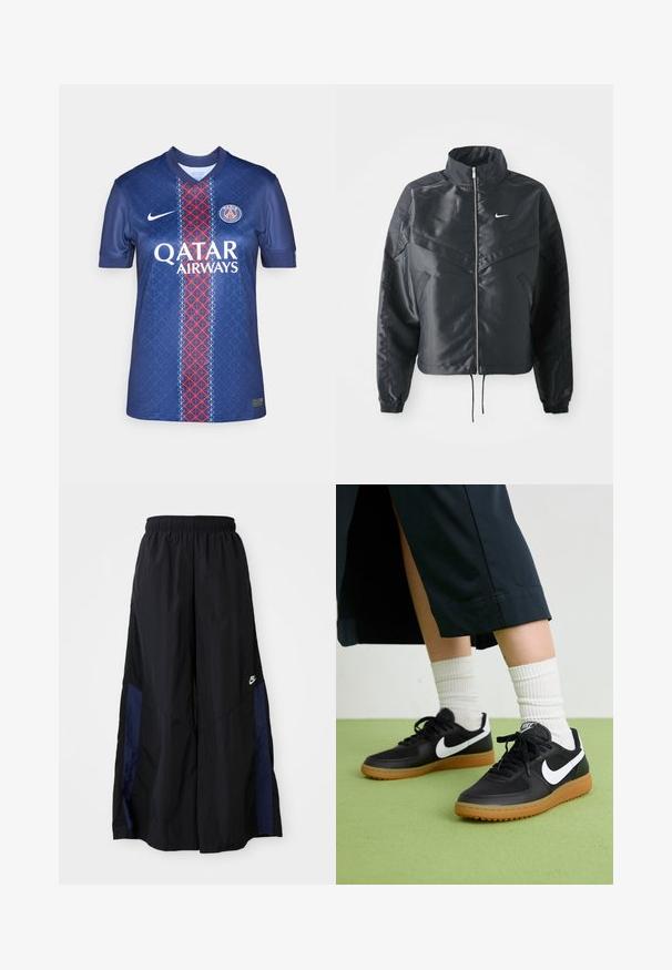 Casaco preto curto com colarinho alto, fecho de zip, punhos em elastano e um logótipo Nike branco. Tecido suave e brilhante com uma superfície ligeiramente texturizada.; Camisa de futebol azul-marinho feita de tecido suave, apresentando um padrão geométrico, faixa vertical vermelha e branca, e o logótipo "QATAR AIRWAYS".; Calças largas pretas feitas de tecido leve, com um painel lateral azul-marinho e cintura elástica. Pequeno logótipo branco na parte inferior.; Sapatilhas pretas em couro e sintético com o logo da Nike em branco, sola de borracha tipo goma, bico redondo e atacadores pretos. Meias brancas com frunces visíveis.