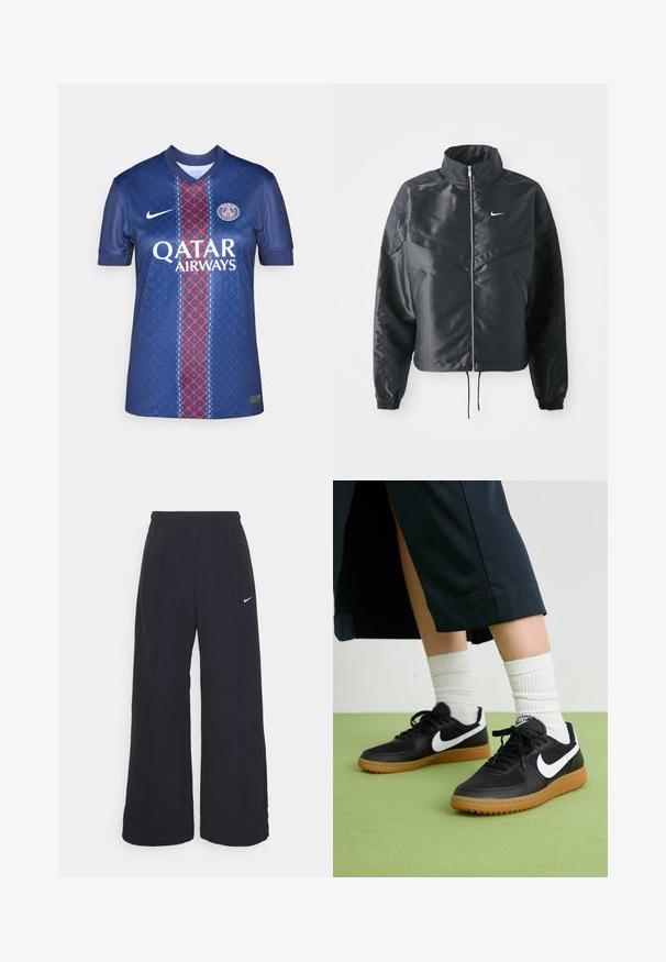 Čierna skrátená bunda s vysokým golierom, zipsovým uzatváraním, elastickými manžetami a bielym logom Nike. Hladká, lesklá tkanina s mierne textúrovaným povrchom.; Tmavomodrý futbalový dres z hladkej tkaniny, s geometrickým vzorom, červeným a bielym vertikálnym pruhom a logom "QATAR AIRWAYS".; Čierne široké nohavice s elastickým pásom a malým bielym logom Nike. Tkanina má hladkú textúru, navrhnutá pre pohodlie a neformálne nosenie.; Čierne kožené a syntetické tenisky so bielym logom Nike, gumenou podrážkou, okrúhlou špičkou a čiernymi šnúrkami. Viditeľné biele pruhované ponožky.