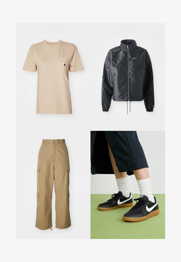 Črna skrajšana jakna z visokim ovratnikom, zadrgo, elastan rokavi in belim logotipom Nike. Gladek, sijoč material z rahlo teksturirano površino.; Bež majica iz bombaža s okruglim izrezom, kratkimi rokavi in žepom na prsih, ki vsebuje majhen logotip. Gladka tekstura in preprost dizajn.; Bežne cargo hlače z visokim pasom, širokimi nogami in štirimi velikimi stranskimi žepi. Narejene so iz trpežnega materiala z gladko teksturo in minimalnimi detajli.; Črne usnjene in sintetične superge z belim Nike swooshom, gumo na podplatu, okroglo konico ter črnimi vezalkami. Vidne so rebraste bele nogavice.