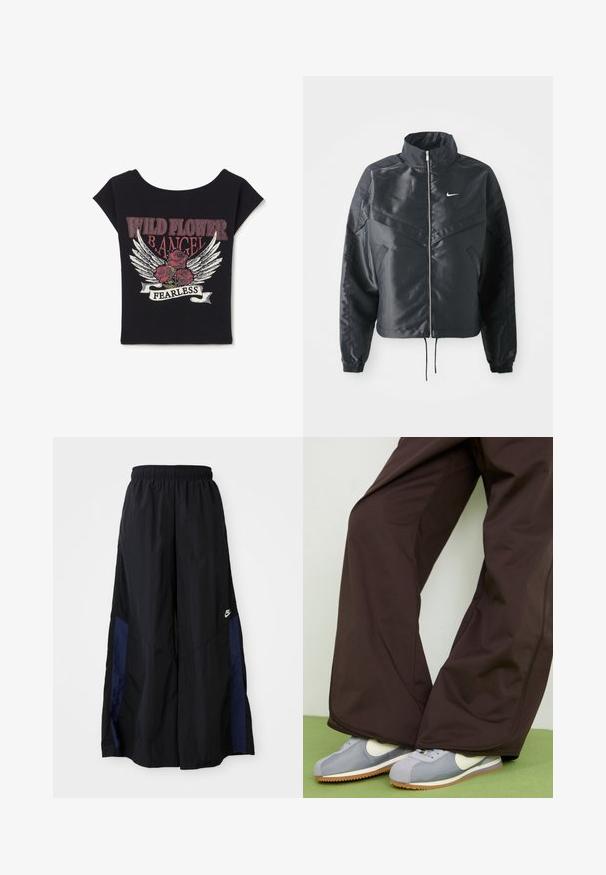 Chaqueta negra corta con cuello alto, cierre de cremallera, puños de elastano y un logo de Nike en blanco. Tejido suave y brillante con una superficie ligeramente texturizada.; Camiseta de algodón negra con mangas cortas. Presenta una impresión gráfica de rosas, alas y el texto "WILD FLOWER B.ANGEL FEARLESS" en colores distintos.; Pantalones de pierna ancha negros, confeccionados en una tela ligera, con un panel lateral azul marino y una cinturilla elástica. Logotipo blanco pequeño en la parte inferior.; Pantalones de pierna ancha marrones con textura suave y detalles en las costuras laterales, combinados con zapatillas de estilo retro en gris y blanco con suela de goma.