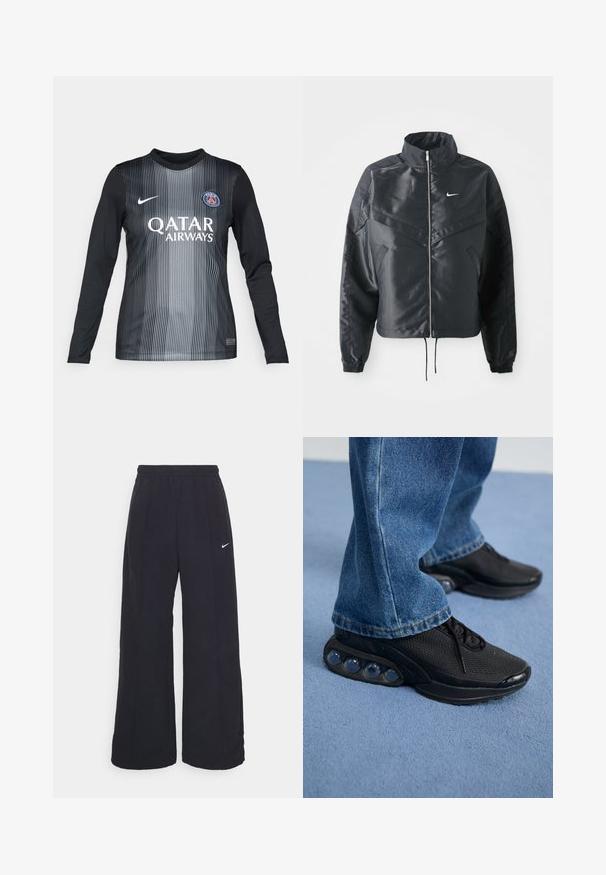 Casaco preto curto com colarinho alto, fecho de zip, punhos em elastano e um logótipo Nike branco. Tecido suave e brilhante com uma superfície ligeiramente texturizada.; Camisa de futebol de manga longa em preto e cinza com riscas verticais, apresentando um pescoço redondo, logótipo da Nike e marca Qatar Airways.; Calças largas pretas com um cós elástico e um pequeno logótipo branco da Nike. O tecido tem uma textura suave, projetado para conforto e uso casual.; Ténis atléticos pretos com parte superior em malha, detalhes texturizados e almofadas de amortecimento de ar visíveis na sola. Usados com uns jeans de ganga azuis.