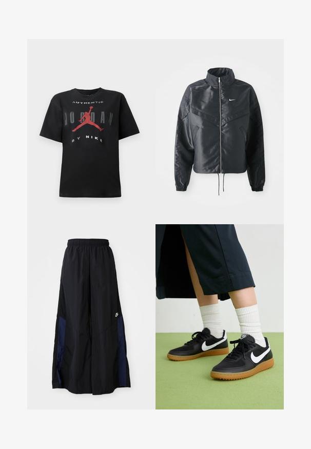 Mustat lyhyet takit, joissa on korkea kaulus, vetoketjukiinnitys, elastaanista valmistetut hihan suut ja valkoinen Nike-logo. Sileä, kiiltävä kangas, jossa on hieman tekstuuria.; Mustan puuvillan t-paita, jossa on lyhyet hihat, pyöreä pääntie ja graafinen painatus, jossa on punainen siluetti ja teksti "AUTHENTIC JORDAN BY NIKE."; Musta leveälahkeinen housu, joka on valmistettu kevyestä kankaasta. Housuissa on tummansininen sivupaneeli ja joustava vyötärö. Alhaalla on pieni valkoinen logo.; Mustat nahka- ja synteettiset urheilukengät, joissa on valkoinen Nike-merkki, kuminen pohja, pyöreä kärki ja mustat nauhat. Raitapintaiset valkoiset sukat näkyvissä.