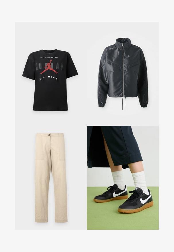 Casaco preto curto com colarinho alto, fecho de zip, punhos em elastano e um logótipo Nike branco. Tecido suave e brilhante com uma superfície ligeiramente texturizada.; T-shirt de algodão preta com mangas curtas, decote redondo e uma impressão gráfica com uma silhueta vermelha e o texto "AUTHENTIC JORDAN BY NIKE."; Calças de algodão bege com corte reto, apresentando bolsos frontais, fecho de botão e bainhas dobradas. Textura suave e design minimalista.; Sapatilhas pretas em couro e sintético com o logo da Nike em branco, sola de borracha tipo goma, bico redondo e atacadores pretos. Meias brancas com frunces visíveis.
