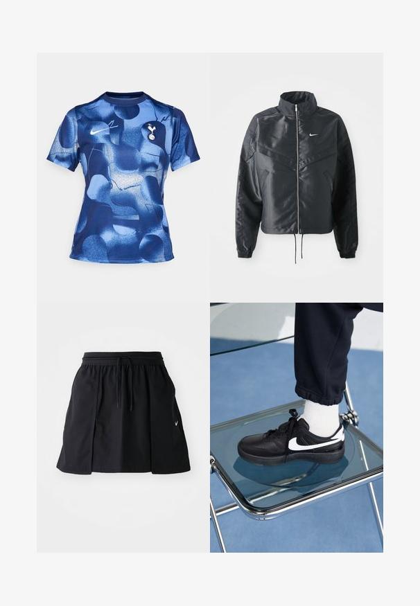 Veste noire courte avec col haut, fermeture éclair, poignets en élasthanne et logo Nike blanc. Tissu lisse et brillant avec une surface légèrement texturée.; Nike Performance TOTTENHAM HOTSPURS ACADEMY TOP PREMATCH - Maillot de foot - binary blue/white; Jupe de sport noire avec taille élastique et cordon de serrage réglable. Dotée d fentes latérales, d'un tissu léger et d'un petit logo sur l'ourlet.; Baskets Nike noires avec des accents blancs, présentant une texture en cuir lisse, un design à lacets et un bout rond, placées sur une chaise en verre.
