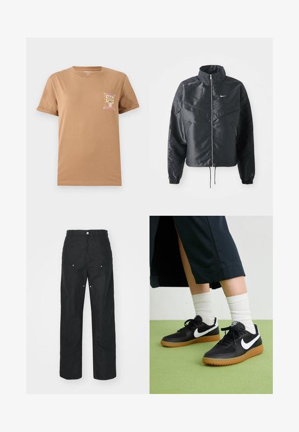 Černá zkrácená bunda s vysokým límcem, zipovým zapínáním, elastickými manžetami a bílým logem Nike. Hladká, lesklá látka s mírně strukturovaným povrchem.; Hnědý bavlněný tričko s krátkými rukávy. Na levé části hrudi se nachází malá, barevná grafika zobrazující téma západu slunce.; Černé kalhoty s rovnými nohavicemi, vyrobené z strukturované tkaniny. Obsahují dekorativní stříbrné prvky a unikátní švy.; Černé kožené a syntetické tenisky s bílým logem Nike, gumovou podrážkou, kulatou špičkou a černými tkaničkami. Viditelné žebrované bílé ponožky.