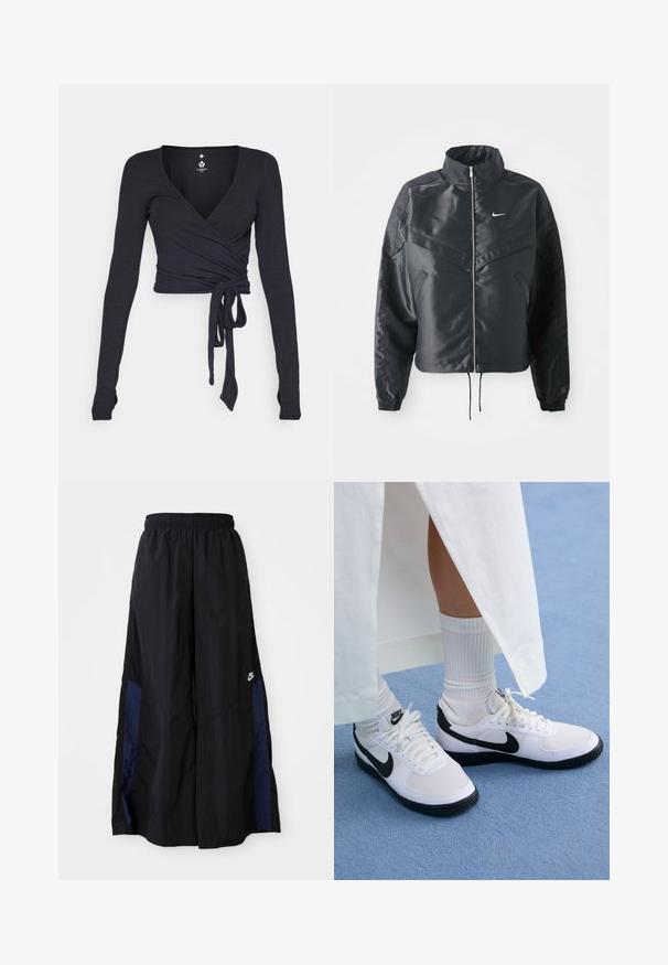 Black cropped jacket with high collar, zip closure, elastane cuffs, and a white Nike logo. Smooth, shiny fabric with a slightly textured surface.; Long-sleeve wrap top in dark navy fabric with a v-neckline, featuring a tied front detail and smooth texture.; Black wide-leg pants made of lightweight fabric, featuring a navy blue side panel and an elastic waistband. Small white logo on bottom.; White Nike sneakers with black accents, featuring a smooth leather upper, white laces, and sturdy rubber outsoles, paired with white ribbed socks.