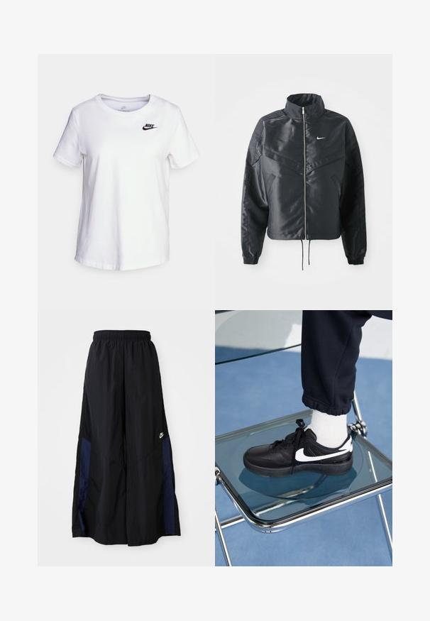 Black cropped jacket with high collar, zip closure, elastane cuffs, and a white Nike logo. Smooth, shiny fabric with a slightly textured surface.; White cotton t-shirt with a round neckline and short sleeves. Features a black Nike logo on the upper left chest area.; Black wide-leg pants made of lightweight fabric, featuring a navy blue side panel and an elastic waistband. Small white logo on bottom.; Black Nike sneakers with white accents, featuring a smooth leather texture, lace-up design, and rounded toe, positioned on a glass chair.