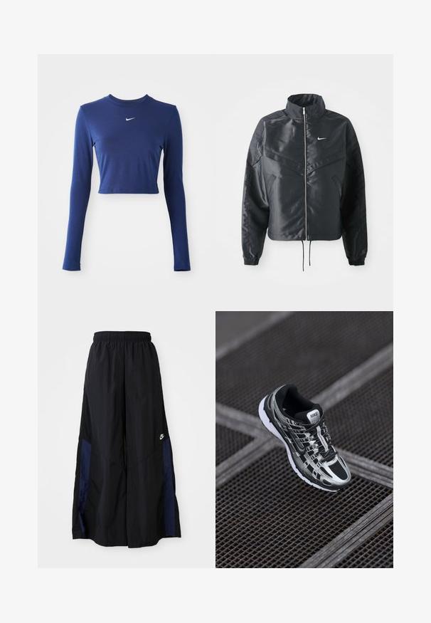 Čierna skrátená bunda s vysokým golierom, zipsovým uzatváraním, elastickými manžetami a bielym logom Nike. Hladká, lesklá tkanina s mierne textúrovaným povrchom.; Námornícko modrý crop top s dlhým rukávom vyrobený z hladkej tkaniny, s okrúhlym výstrihom a malým bielym logom Nike na hrudi.; Čierne voľné nohavice vyrobené z ľahkého materiálu, s námorníckym modrým postranným panelom a elastickým pásom. Malé biele logo na spodnej časti.; Bežecká obuv Nike s čierno-striebornou farebnou schémou, sieťovinovým zvrškom, štruktúrovanou podrážkou a systémom šnurovania pre bezpečné uchytenie.