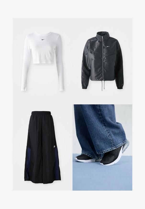 Svart cropped jakke med høy krage, glidelåsåpning, elastiske mansjetter og en hvit Nike-logo. Glatt, shiny stoff med en lett teksturert overflate.; Langermet, cropped treningsgenser i hvitt stoff, har en svart Nike-logo på brystet, glatt tekstur og tettsittende design.; Svarte vide bukser laget av lett stoff, med et marineblått sidestykke og elastisk midjebånd. Liten hvit logo nederst.; Svarte joggesko med mesh-detaljer, hvit såle og synlig luftputing, kombinert med blå denim vide jeans.