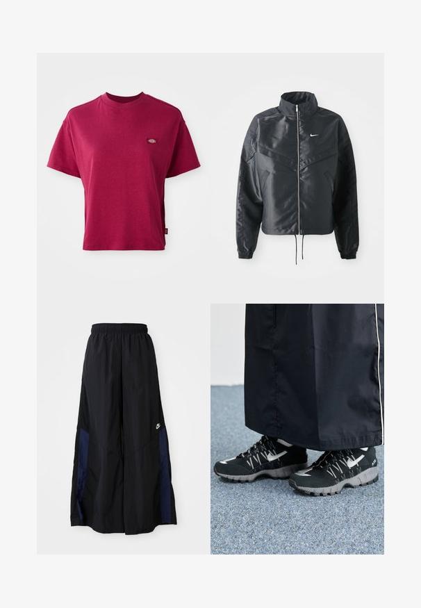 Črna skrajšana jakna z visokim ovratnikom, zadrgo, elastan rokavi in belim logotipom Nike. Gladek, sijoč material z rahlo teksturirano površino.; Slim-fit temno rdeča kratka majica s kratkimi rokavi in krožnim izrezom, z majhnim večbarvnim logotipom blagovne znamke na levem prsnem delu.; Črne široke hlače iz lahkega materiala, z morsko modrim stranskim panelom in elastičnim pasom. Majhna bela oznaka na dnu.; Črne športne čevlje z teksturirano zgornjimi deli, srebrnimi odtenki in z vzorčenim podplatom, v kombinaciji z dolgim črnim oblačilom. Postavljeno na modrem preprogo.
