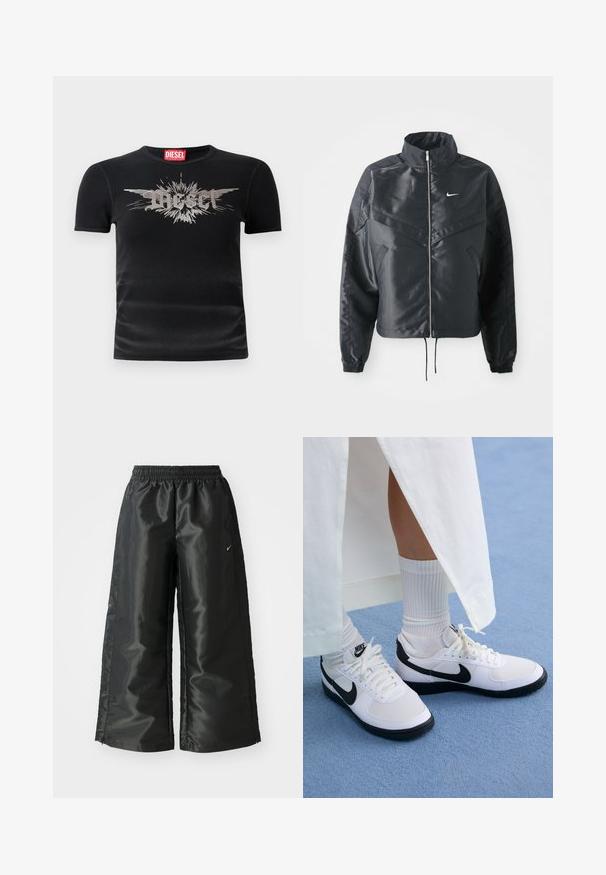 Casaco preto curto com colarinho alto, fecho de zip, punhos em elastano e um logótipo Nike branco. Tecido suave e brilhante com uma superfície ligeiramente texturizada.; T-shirt preta de manga curta, em tecido canelado. Apresenta um design gráfico prateado com o texto "Diesel" e efeito de explosão na parte da frente. Gola redonda.; Calças atléticas pretas com um tecido brilhante e suave, apresentando uma cintura elástica, pernas largas e um pequeno logotipo do lado esquerdo.; Ténis brancos da Nike com detalhes pretos, apresentando um cabedal em pele lisa, atacadores brancos e solas de borracha resistentes, combinados com meias brancas com textura ribada.