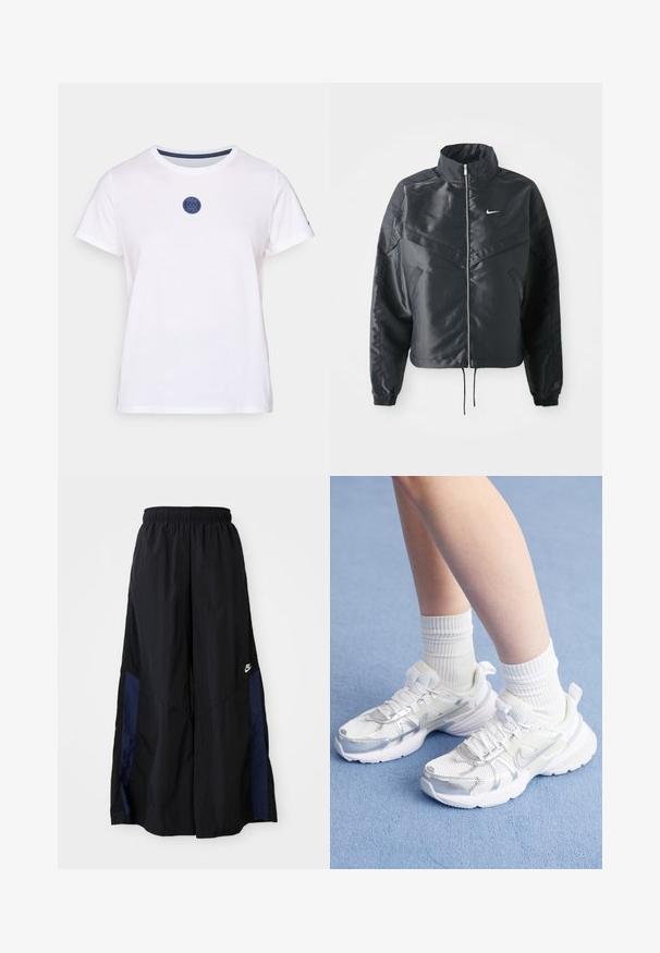 Černá zkrácená bunda s vysokým límcem, zipovým zapínáním, elastickými manžetami a bílým logem Nike. Hladká, lesklá látka s mírně strukturovaným povrchem.; Bílé bavlněné tričko s krátkým rukávem, se zaobleným výstřihem a modrým kruhovým logem na hrudi. Hladká textura.; Černé kalhoty širokého střihu vyrobené z lehkého materiálu, s námořnickou modrou bočním panelem a elastickým pasem. Malé bílé logo na spodní části.; Bílé sportovní boty s síťovinou a syntetickými překryvy, se stříbrným swoosh symbolem Nike, doplněné o bílé žebrované ponožky na modrém povrchu.