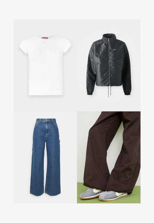 Melna apgriezta jaka ar augstu apkakli, rāvējslēdzēja aizdari, elastīna aprocēm un baltu Nike logo. Gluda, spīdīga auduma ar nedaudz teksturētu virsmu.; Balta kokvilnas T-krekls ar apaļu kakla izgriezumu, īsām piedurknēm un mazu logotipu priekšpusē. Etiķete ir ar uzrakstu "DIESEL" sarkanā krāsā.; Platleņķa zili džinsi ar augstu jostasvietu, kontrastējošām šuvēm un sānu kabatām, ar klasisku piecu kabatu dizainu un neapstrādātiem malām.; Brūni platleği bikses ar gludu tekstūru un sānu šuvēm, kopā ar pelēkām un baltām retro stila sporta kurpēm ar gumijas zoli.