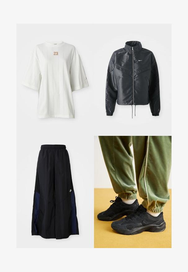 Črna skrajšana jakna z visokim ovratnikom, zadrgo, elastan rokavi in belim logotipom Nike. Gladek, sijoč material z rahlo teksturirano površino.; Bela kratka majica s kratkimi rokavi z navpičnimi črtami in okroglo izreza. Vsebuje teksturirano oznako "23" na prsih in majhno dodatno oznako na rokavu.; Črne široke hlače iz lahkega materiala, z morsko modrim stranskim panelom in elastičnim pasom. Majhna bela oznaka na dnu.; Črne športne teniske z mrežasto in sintetično prevleko, z teksturiranim podplatom, v kombinaciji z zelenimi trenirkami z elastičnimi manšetami, na rumeni površini.