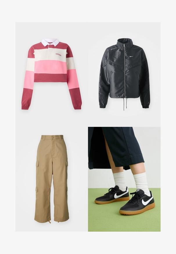 Sort cropped jakke med høj krave, lynlås lukning, elastiske manchetter og et hvidt Nike-logo. Glat, blankt stof med en let struktureret overflade.; Langærmet polo skjorte med cropped design, prydet med horisontale striber i rød, pink og creme. Hvid krave med broderet logo.; Beige cargo bukser med høj talje, brede ben og fire store sidelommer. Fremstillet af slidstærkt stof med en glat tekstur og minimal detaljering.; Sorte læder- og syntetiske sneakers med hvid Nike swoosh, gummisål, rund tå og sorte snørebånd. Ribbede hvide sokker synlige.