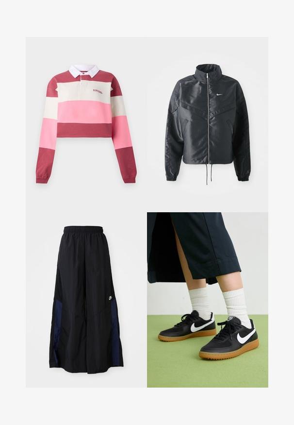 Črna skrajšana jakna z visokim ovratnikom, zadrgo, elastan rokavi in belim logotipom Nike. Gladek, sijoč material z rahlo teksturirano površino.; Polo majica z dolgimi rokavi in krajšo zasnovo, s horizontalnimi črtami v rdeči, roza in kremni barvi. Bela ovratnica z izvezenim logotipom.; Črne široke hlače iz lahkega materiala, z morsko modrim stranskim panelom in elastičnim pasom. Majhna bela oznaka na dnu.; Črne usnjene in sintetične superge z belim Nike swooshom, gumo na podplatu, okroglo konico ter črnimi vezalkami. Vidne so rebraste bele nogavice.