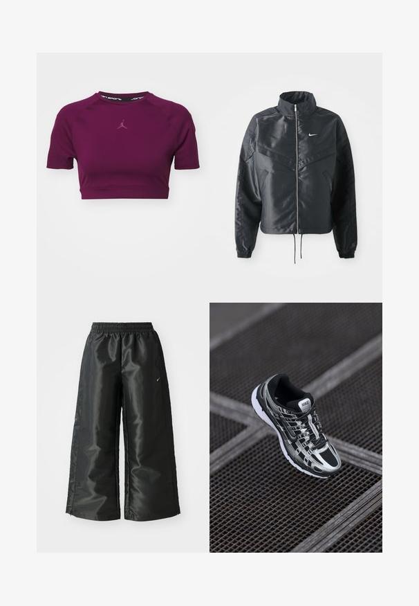 Svart cropped jakke med høy krage, glidelåsåpning, elastiske mansjetter og en hvit Nike-logo. Glatt, shiny stoff med en lett teksturert overflate.; Kortermet, cropped treningsgenser laget av solid dyp lilla stoff, med en liten, lys lilla logo på brystet og en svart indre krage.; Svarte treningsbukser med en blank, glatt stoff, som har et elastisk liv, vide ben og en liten logo på venstre side.; Nike løpesko med svart og sølv fargepalett, mesh-overdel, teksturert såle og snøring for en sikker passform.