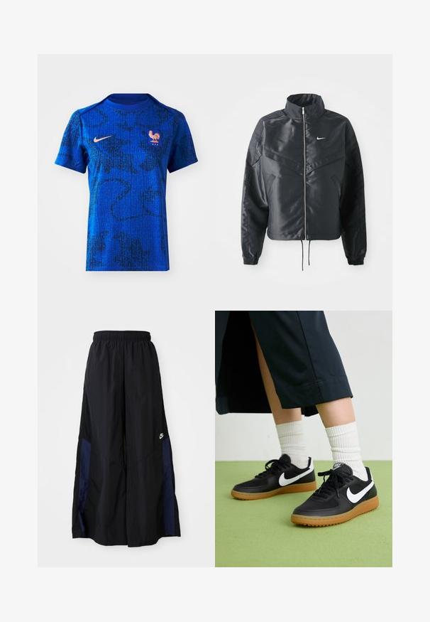Crna kratka jakna s visokim ovratnikom, zatvaranjem na patentni zatvarač, elastinim rukavima i bijelim Nike logom. Glatka, sjajna tkanina s lagano teksturiranom površinom.; Plava Nike majica s teksturiranim uzorkom u crnoj boji, kratkih rukava i okruglim izrezom. Sadrži simbol pijetla i detalj "FFF".; Crne hlače širokih nogavica izrađene od lagane tkanine, sa tamnoplavim bočnim panelom i elastičnom stražnjom trakom. Mali bijeli logo je na dnu.; Crne kožne i sintetičke tenisice s bijelim Nike swooshom, gumeni potplat, okrugli vrh i crne vezice. Vidljive rebraste bijele čarape.