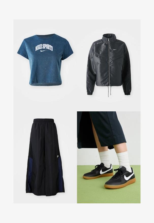 Juoda trumpa striukė su aukštu coloru, užtrauktuku, elastaniniu rankogaliu ir balta Nike logotipu. Lygus, blizgus audinys su šiek tiek tekstūruotu paviršiumi.; Mėlynas medvilninis trumpomis rankovėmis marškinėliai, puošti baltu siuvinėjimu "NIKE SPORTS" ir mažuoju Nike logotipu po juo.; Juodos plačios kojų kelnės, pagamintos iš lengvos medžiagos, su tamsiai mėlyna šonine juostele ir elastinga juosmens juosta. Maža balta logotipo etikete apačioje.; Juodos odinės ir sintetinių medžiagų sportbačiai su balta Nike swoosh, guminis padas, apvalus pirštas ir juodi raišteliai. Matomos banguotos baltos kojinės.