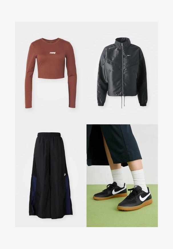 Juoda trumpa striukė su aukštu coloru, užtrauktuku, elastaniniu rankogaliu ir balta Nike logotipu. Lygus, blizgus audinys su šiek tiek tekstūruotu paviršiumi.; Rudas ilgomis rankovėmis trumpas viršus, pagamintas iš tamprių medžiagų, su baltu "ruby" logotipu priekyje. Lygi tekstūra ir prigludusi forma.; Juodos plačios kojų kelnės, pagamintos iš lengvos medžiagos, su tamsiai mėlyna šonine juostele ir elastinga juosmens juosta. Maža balta logotipo etikete apačioje.; Juodos odinės ir sintetinių medžiagų sportbačiai su balta Nike swoosh, guminis padas, apvalus pirštas ir juodi raišteliai. Matomos banguotos baltos kojinės.