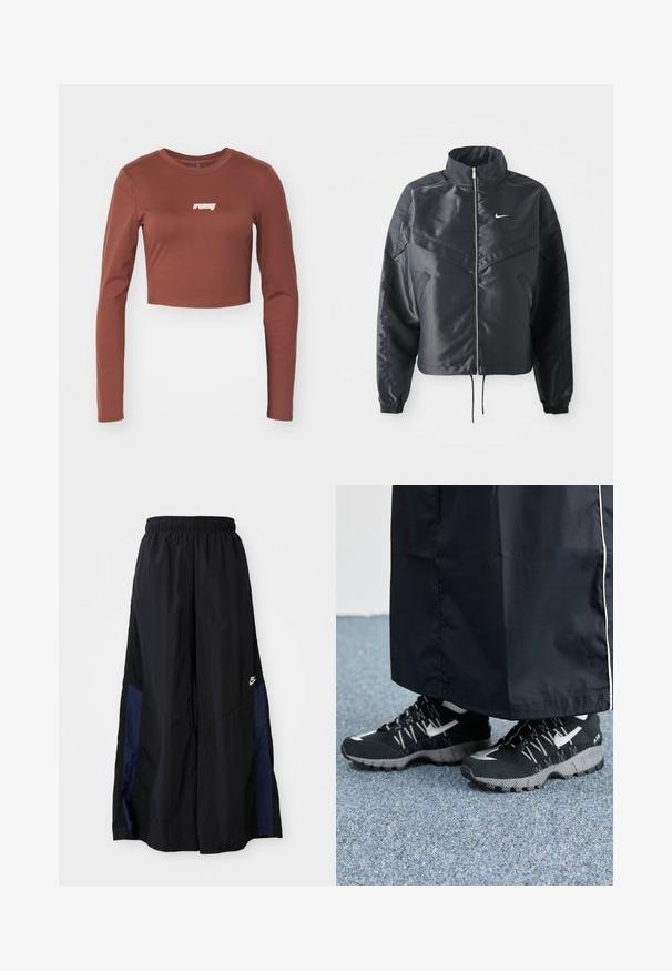 Black cropped jacket with high collar, zip closure, elastane cuffs, and a white Nike logo. Smooth, shiny fabric with a slightly textured surface.; Brown long-sleeve crop top made of a stretchy material, featuring a white "ruby" logo on the front. Smooth texture and fitted design.; Black wide-leg pants made of lightweight fabric, featuring a navy blue side panel and an elastic waistband. Small white logo on bottom.; Black athletic shoes with a textured upper, silver accents, and a patterned outsole, paired with a black long garment. Set against blue carpet.