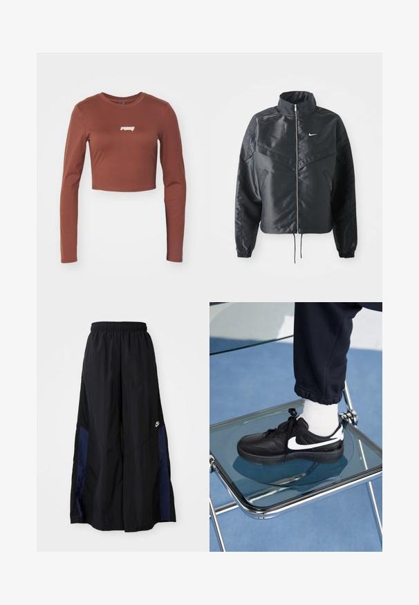 Mustat lyhyet takit, joissa on korkea kaulus, vetoketjukiinnitys, elastaanista valmistetut hihan suut ja valkoinen Nike-logo. Sileä, kiiltävä kangas, jossa on hieman tekstuuria.; Ruskea pitkähihainen crop-top, joka on valmistettu joustavasta materiaalista ja jossa on valkoinen "ruby"-logo edessä. Silkkinen pinta ja istuva muotoilu.; Musta leveälahkeinen housu, joka on valmistettu kevyestä kankaasta. Housuissa on tummansininen sivupaneeli ja joustava vyötärö. Alhaalla on pieni valkoinen logo.; Mustat Nike-tennarit valkoisilla yksityiskohdilla, joissa on sileä nahkapinta, nauhakiinnitys ja pyöreä varvas, aseteltuna lasituolille.