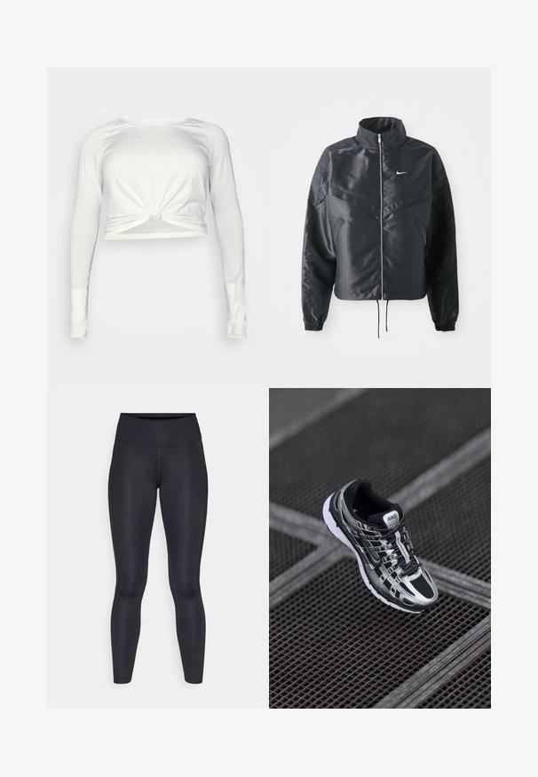 Black cropped jacket with high collar, zip closure, elastane cuffs, and a white Nike logo. Smooth, shiny fabric with a slightly textured surface.; lululemon SWIFTLY TECH LONG SLEEVE - Long sleeved top - white/white; Black leggings made of smooth, stretchy fabric. High waist with no visible patterns or accents. Fit closely from waist to ankles.; Nike running shoe featuring a black and silver color scheme, mesh upper, textured sole, and lacing system for secure fit.
