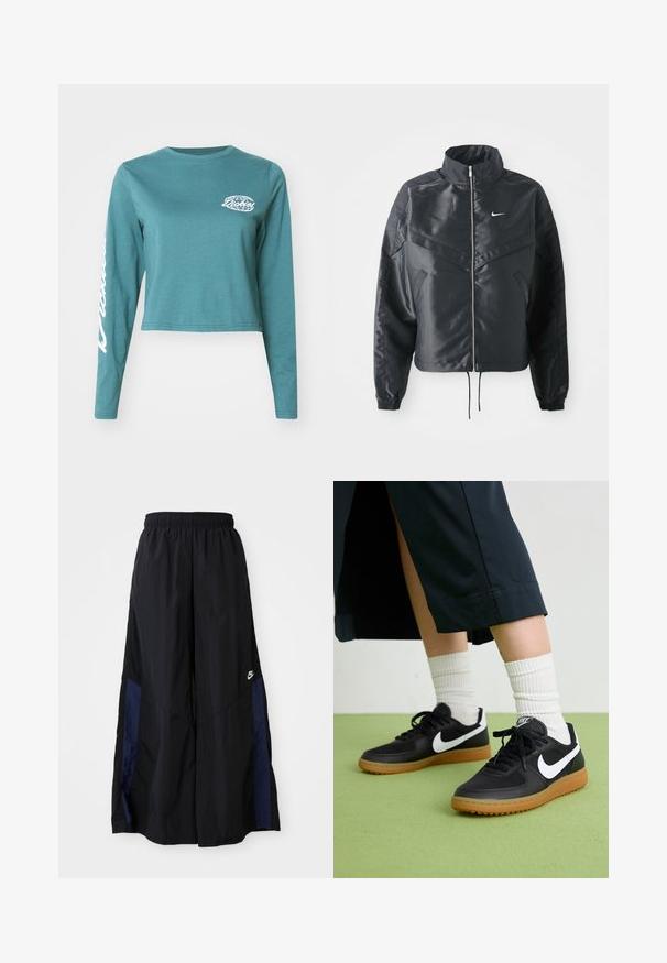 Fekete, rövidített dzseki magas gallérral, cipzáras záródással, elasztikus mandzsettákkal, és fehér Nike logóval. Simább, fényes anyag, enyhén textúrázott felülettel.; Zöld hosszú ujjú, cropped pamut póló. A mellkason egy kis fehér logó található, a bal ujján pedig fehér felirat. Rugalmas anyagból készült.; Fekete, bő szárú nadrág könnyű anyagból, tengerészkék oldalsó panellel és elasztikus derékkal. Kicsi fehér logó az alján.; Fekete bőr és szintetikus sneakers, fehér Nike logo-val, gumi talppal, kerek orral és fekete fűzővel. Csíkos fehér zokni látható.