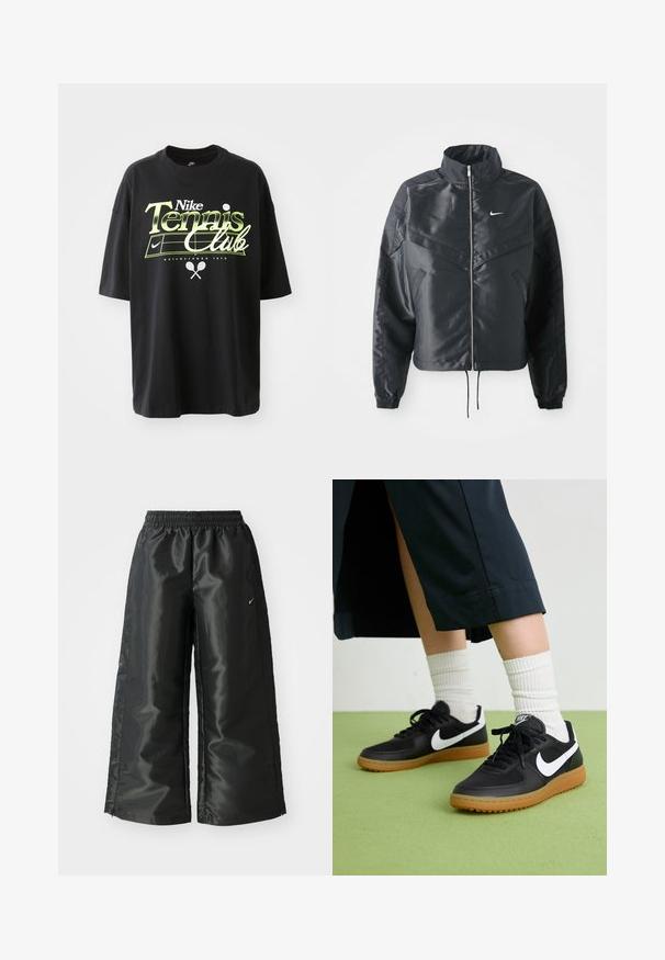 Melna apgriezta jaka ar augstu apkakli, rāvējslēdzēja aizdari, elastīna aprocēm un baltu Nike logo. Gluda, spīdīga auduma ar nedaudz teksturētu virsmu.; Melna kokvilnas T-krekls ar īsām piedurknēm, izceļoties ar zaļo un baltās "Nike Tennis Club" grafiku, tenisa bumbu un raketi attēliem.; Melnas sporta bikses ar spīdīgu, gludu audumu, aprīkotas ar elastīgu jostu, platām kājām un mazu logotipu kreisajā pusē.; Melna āda un sintētiska materiāla sporta apavi ar baltu Nike logo, gumijas zole, apaļa purngala forma un melni šņores. Redzamas ribotas baltas zeķes.