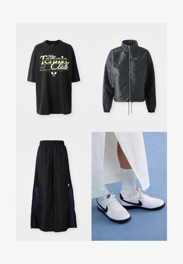 Casaco preto curto com colarinho alto, fecho de zip, punhos em elastano e um logótipo Nike branco. Tecido suave e brilhante com uma superfície ligeiramente texturizada.; T-shirt preta de algodão com mangas curtas, apresentando um gráfico em verde e branco "Nike Tennis Club", ilustrações de bola de ténis e raquete.; Calças largas pretas feitas de tecido leve, com um painel lateral azul-marinho e cintura elástica. Pequeno logótipo branco na parte inferior.; Ténis brancos da Nike com detalhes pretos, apresentando um cabedal em pele lisa, atacadores brancos e solas de borracha resistentes, combinados com meias brancas com textura ribada.