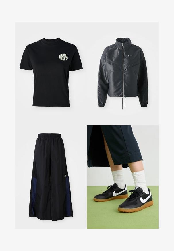 Chaqueta negra corta con cuello alto, cierre de cremallera, puños de elastano y un logo de Nike en blanco. Tejido suave y brillante con una superficie ligeramente texturizada.; Camiseta de algodón negra con cuello redondo y mangas cortas; presenta un gráfico en color verde claro que dice "DICKIES SIN '22" en el área izquierda del pecho.; Pantalones de pierna ancha negros, confeccionados en una tela ligera, con un panel lateral azul marino y una cinturilla elástica. Logotipo blanco pequeño en la parte inferior.; Zapatillas de cuero negro y sintético con el swoosh blanco de Nike, suela de goma, punta redonda y cordones negros. Calcetines blancos acanalados visibles.