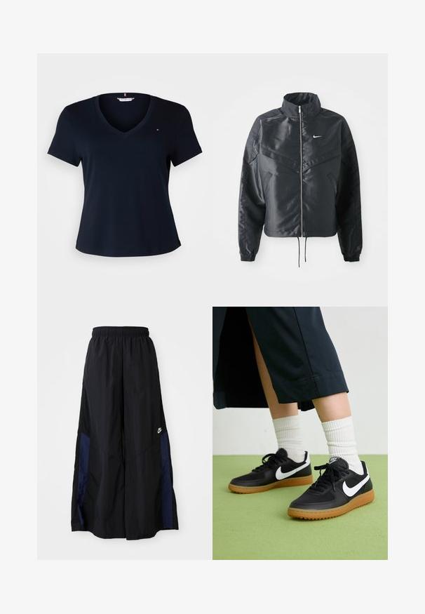 Črna skrajšana jakna z visokim ovratnikom, zadrgo, elastan rokavi in belim logotipom Nike. Gladek, sijoč material z rahlo teksturirano površino.; Tommy Hilfiger Curve SLIM CODY - Navadna majica - desert sky; Črne široke hlače iz lahkega materiala, z morsko modrim stranskim panelom in elastičnim pasom. Majhna bela oznaka na dnu.; Črne usnjene in sintetične superge z belim Nike swooshom, gumo na podplatu, okroglo konico ter črnimi vezalkami. Vidne so rebraste bele nogavice.