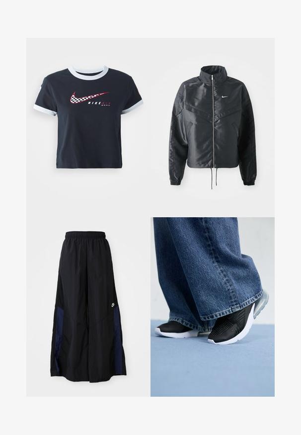Juoda trumpa striukė su aukštu coloru, užtrauktuku, elastaniniu rankogaliu ir balta Nike logotipu. Lygus, blizgus audinys su šiek tiek tekstūruotu paviršiumi.; Jūros mėlynos medvilninės trumpomis rankovėmis marškinėliai su šviesiai mėlynu apykakle ir rankovių krašteliais, ant kurių yra raudonas ir checkered Nike logotipas bei tekstas "NIKE AIR".; Juodos plačios kojų kelnės, pagamintos iš lengvos medžiagos, su tamsiai mėlyna šonine juostele ir elastinga juosmens juosta. Maža balta logotipo etikete apačioje.; Juodos sportinės bateliai su tinkliniais detalėmis, balta padu ir matomais oro amortizatoriais, derinami su mėlynomis džinsinėmis plačiomis kelnėmis.