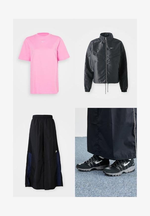 Casaco preto curto com colarinho alto, fecho de zip, punhos em elastano e um logótipo Nike branco. Tecido suave e brilhante com uma superfície ligeiramente texturizada.; T-shirt de algodão rosa com decote redondo, mangas curtas e pequena logo branca no peito. Design simples e corte direito.; Calças largas pretas feitas de tecido leve, com um painel lateral azul-marinho e cintura elástica. Pequeno logótipo branco na parte inferior.; Tênis atléticos pretos com um cabedal texturizado, detalhes prateados e um solado estampado, combinados com uma peça longa preta. Ambientado sobre um tapete azul.