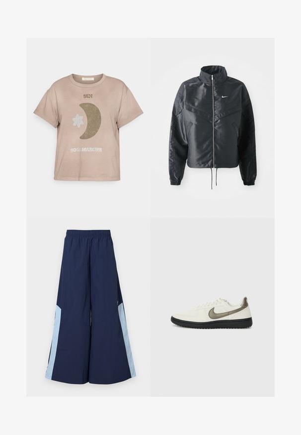 Black cropped jacket with high collar, zip closure, elastane cuffs, and a white Nike logo. Smooth, shiny fabric with a slightly textured surface.; Short sleeve, taupe cotton t-shirt with "YIN" text, a crescent moon, and star graphic in earthy colors. Features a relaxed fit.; Navy wide-leg pants with an elastic waistband, featuring light blue side panels and a smooth texture. Designed for comfort and ease of movement.; Nike Sportswear FIELD GENERAL - Trainers - off-white/black