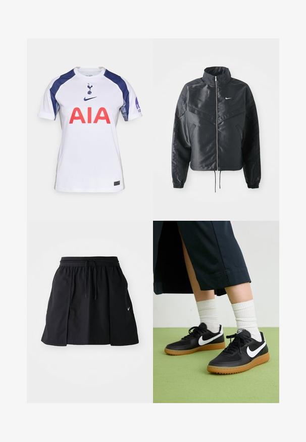 Svart kort jacka med hög krage, dragkedja, ärmslut i elastan och en vit Nike-logotyp. Slät, glänsande tyg med en något strukturerad yta.; Vit fotbollströja med kort ärm och marinblå detaljer, med rund hals, stor röd "AIA"-logotyp och lagmärke på bröstet.; Svart sportkjol med elastisk midjeband och justerbart snöre. Har sidslitsar, lättviktig tyg och en liten logotyp på fållen.; Svarta läder- och syntetiska sneakers med vit Nike-logga, gummisula, rund tå och svarta snörningar. Ribbad vit strumpor synliga.