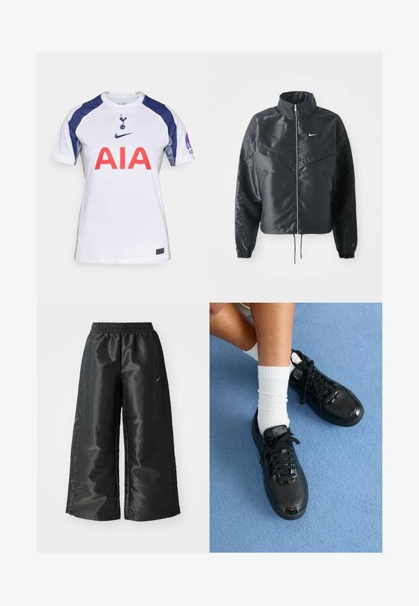 Melna apgriezta jaka ar augstu apkakli, rāvējslēdzēja aizdari, elastīna aprocēm un baltu Nike logo. Gluda, spīdīga auduma ar nedaudz teksturētu virsmu.; Balts īsām piedurkņu futbols kreklis ar tumši zilu akcentu, ar apaļu kaklu, lielu sarkanu "AIA" logo un komandas emblēmu uz krūtīm.; Melnas sporta bikses ar spīdīgu, gludu audumu, aprīkotas ar elastīgu jostu, platām kājām un mazu logotipu kreisajā pusē.; Melni Nike sporta apavi ar teksturētu virsmu, spīdīgām akcentiem un noapaļotām mežģīnēm. Tie ir apģērbi ar baltām ribotām zeķēm uz gaiši zila fona.