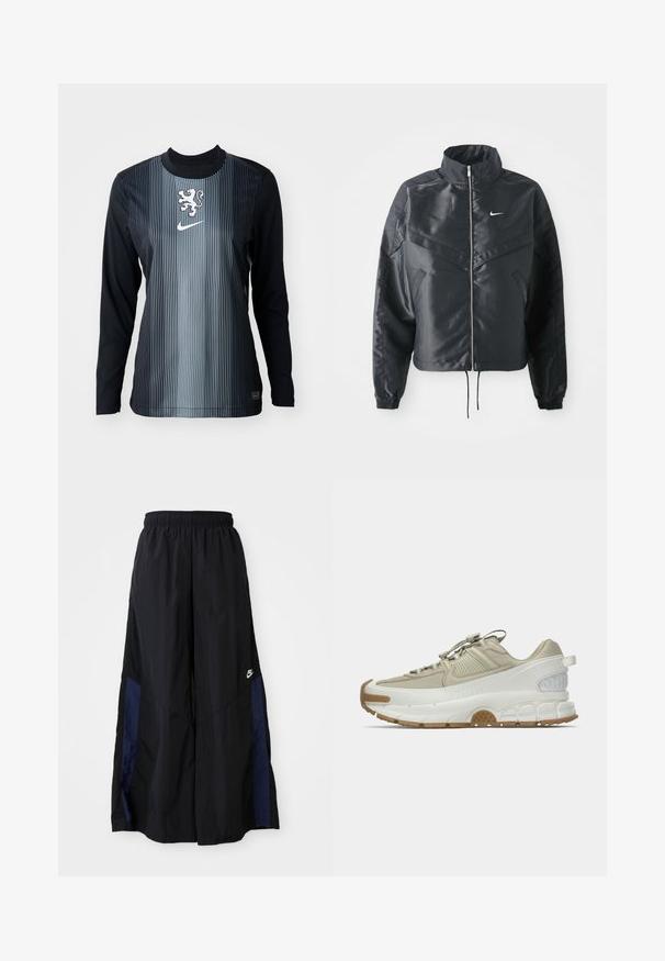 Giacca nera cropped con colletto alto, chiusura a zip, polsini in elastan e logo Nike bianco. Tessuto liscio e lucido con una superficie leggermente texturizzata.; Camicia a maniche lunghe nera e grigia con strisce verticali, con un'emblema di leone e il logo Nike sul petto. Texture liscia, vestibilità atletica.; Pantaloni neri a gamba larga realizzati in tessuto leggero, con un pannello laterale blu navy e una cintura elastica. Piccolo logo bianco sul fondo.; Sneaker sportivo beige e bianco con suola in gomma, lacci elastici, suola imbottita e pannello del tallone testurizzato, mostrato in profilo laterale su sfondo bianco.