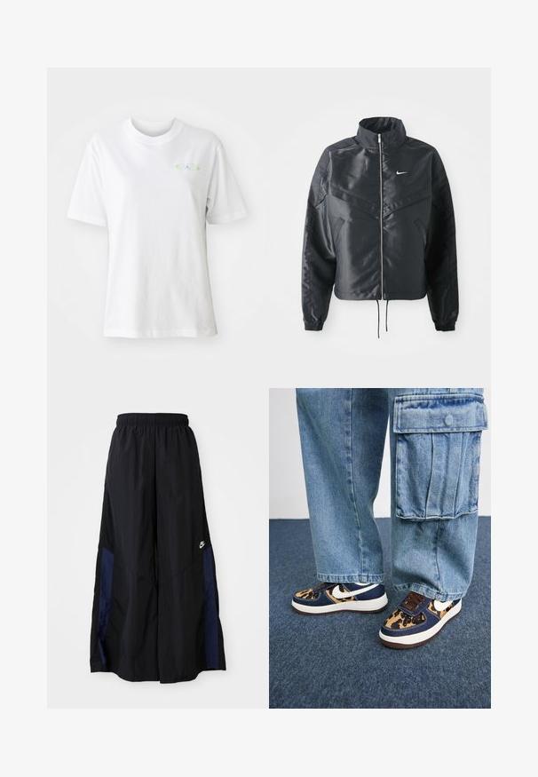 Chaqueta negra corta con cuello alto, cierre de cremallera, puños de elastano y un logo de Nike en blanco. Tejido suave y brillante con una superficie ligeramente texturizada.; Camiseta de algodón blanca con cuello redondo y mangas cortas. Presenta un pequeño logo colorido en la parte frontal. Textura suave y ajuste casual.; Pantalones de pierna ancha negros, confeccionados en una tela ligera, con un panel lateral azul marino y una cinturilla elástica. Logotipo blanco pequeño en la parte inferior.; Zapatillas azul marino con acentos de estampado de leopardo, swoosh blanco de Nike, cordones marrones y media suela blanca. Combinadas con pantalones cargo de mezclilla claros.