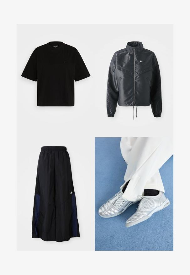 Svart cropped jakke med høy krage, glidelåsåpning, elastiske mansjetter og en hvit Nike-logo. Glatt, shiny stoff med en lett teksturert overflate.; Svart bomull t-skjorte med avslappet passform, kort erm, rund hals og en liten logo detalj på venstre bryst.; Svarte vide bukser laget av lett stoff, med et marineblått sidestykke og elastisk midjebånd. Liten hvit logo nederst.; Sølv atletikksko med en glatt, skinnende overflate, med et sydd design og tallet 90 på siden, kombinert med hvite bukser.